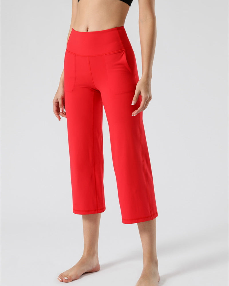 Summer New High Waist Pocket Wide Leg Yoga Cropped Straight Pants Solid Color S-XL