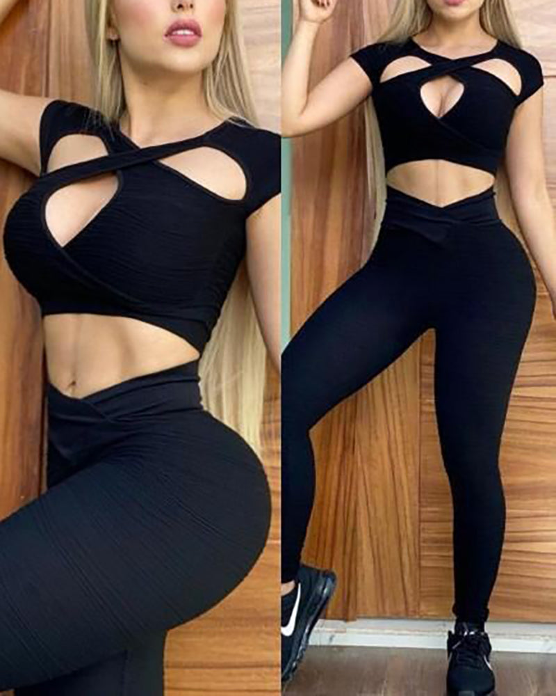 New Women Hollow Bright Stretch Breathable Yoga Sports Fitness Yoga Two-piece S-XL Pants Sets