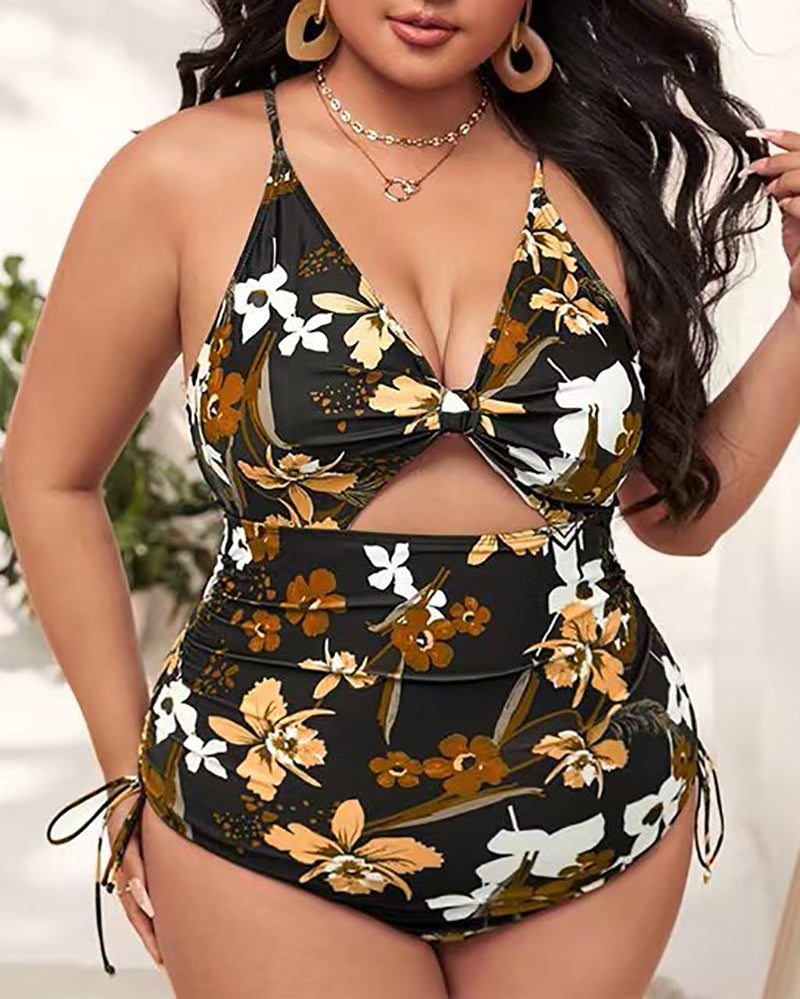 Women Florals Printing Hollow Out Backless High Waist Plus Size Swimsuit L-4XL