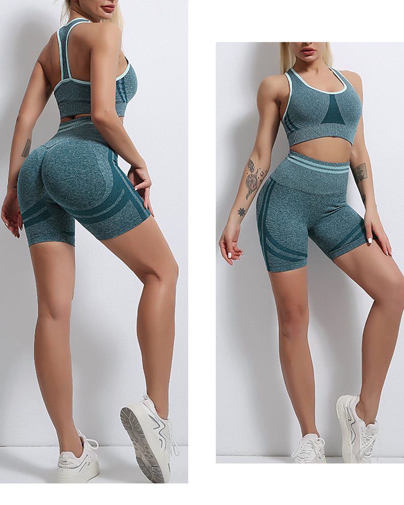 Woman Seamless Knitted Beauty Back High Waist Peach Hip Sports Running Two-Piece Yoga Suit S-L