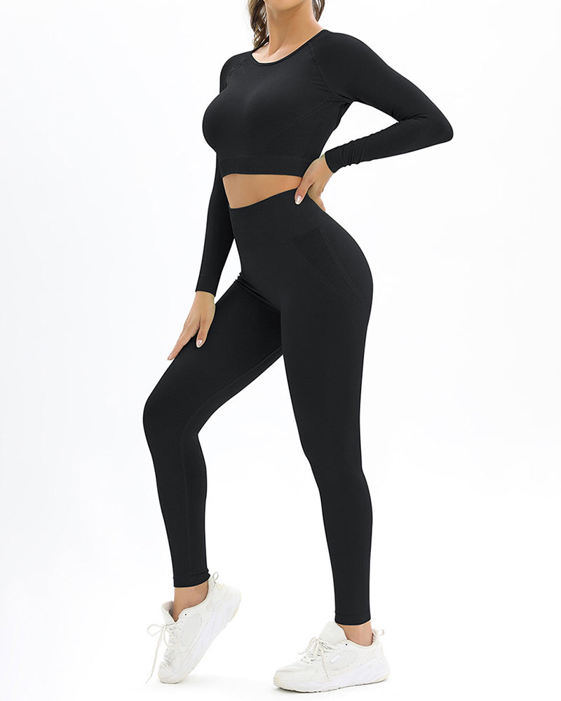 Long Sleeve Solid Color Backless Yoga Two-piece Set S-L Pants Sets