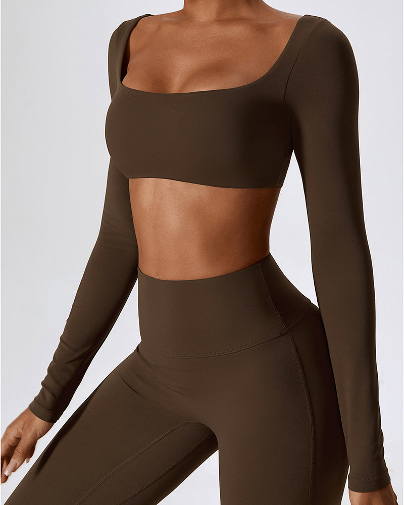 Long Sleeve Square Neck Show Waist Solid Color Yoga Tops Black Brown Coffee Bean Green Apricot S-XL