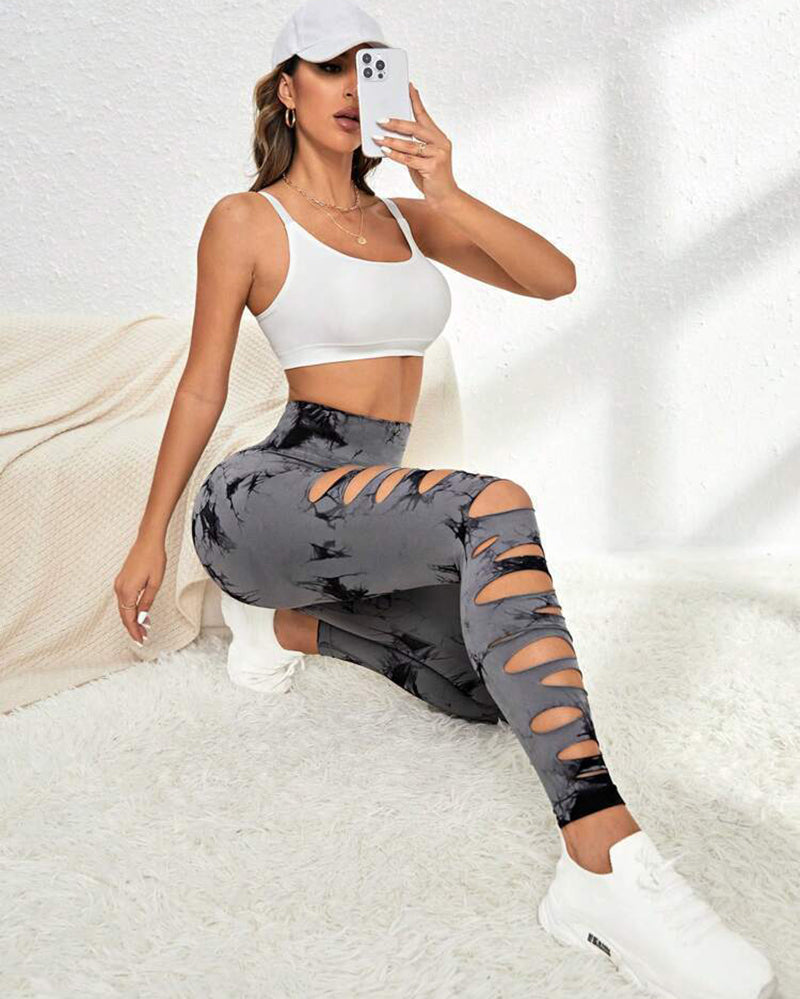 Women Hollow Out Tie Dye Sports Pants Yoga Leggings S-L