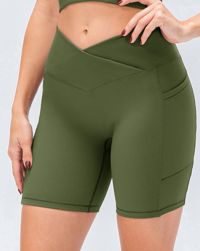 Women Wrap V Waist Sports Shorts with Side Pocket XS-2XL