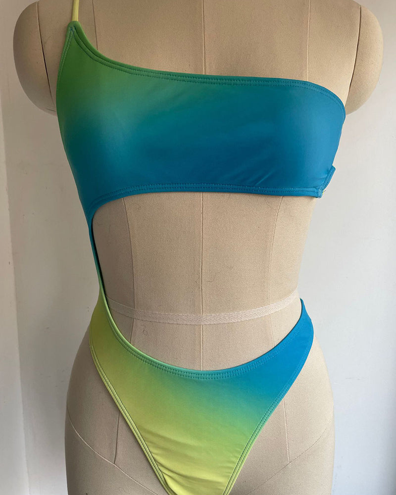 2022 Gradient Hollow Out One Shoulder High Cut Lady Plus Size One-piece Swimsuit Yellow Green Purple Blue S-4XL