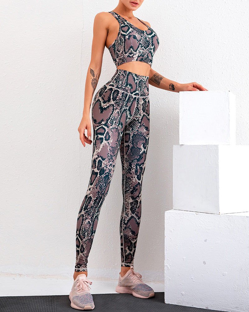 New Serpentine Printed Yoga Sexy Beauty Back High Waist Pants Two-Piece Suit S-XL Pants Sets