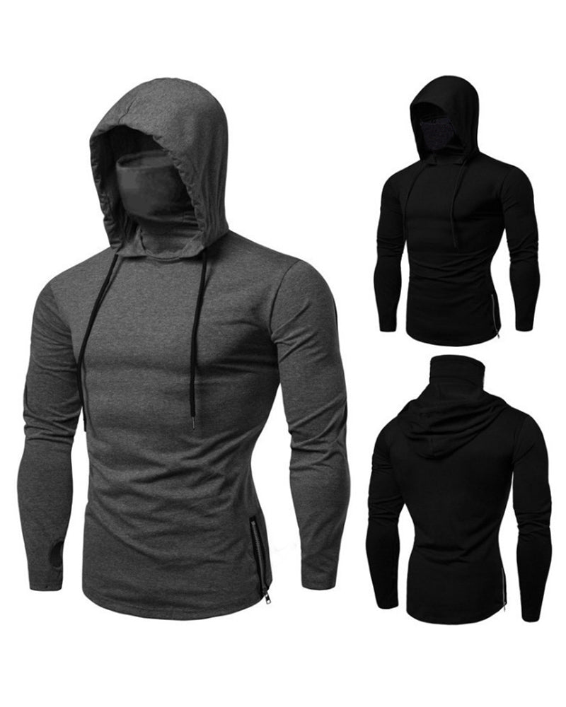 Solid Color Fitness Long Sleeve High Neck Mask Hooded Sweatshirt Deep Grey Black M-3XL