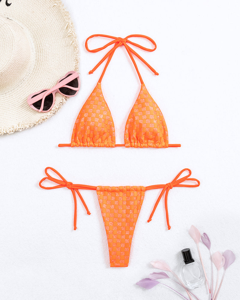 Halter Neck Shining Sexy Tie Side String Two-piece Swimsuit Sky Blue Orange White Gold S-XL