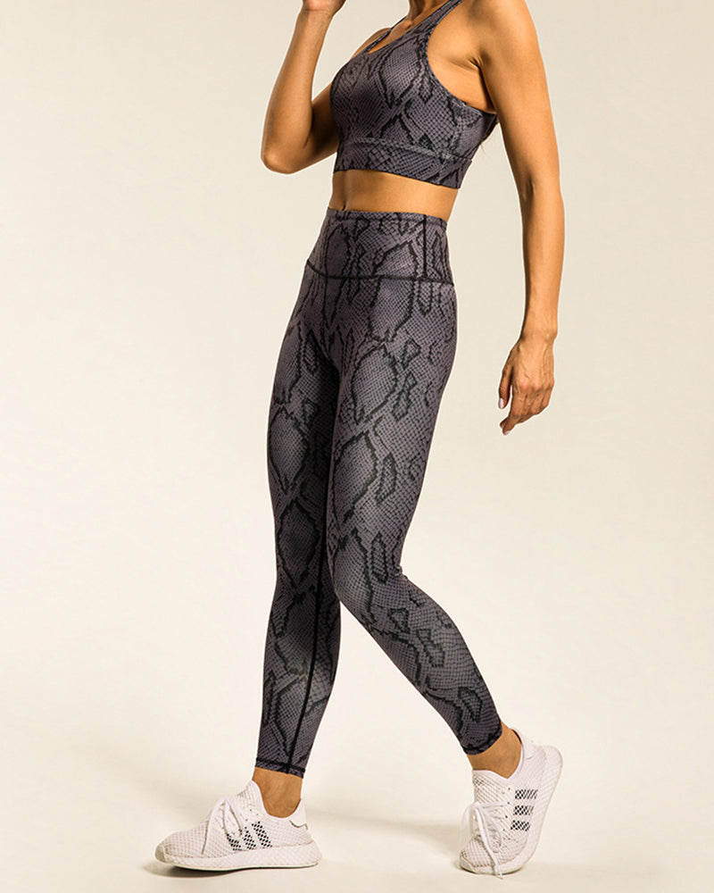 Popular Snake Print Yoga Two-piece Sets White Khaki Deep Gray S-L Pants sets