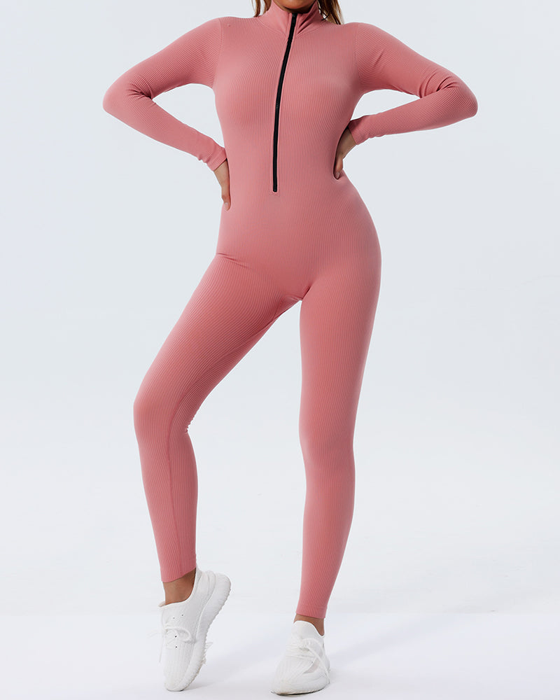 Women Slim Zipper Front Long Sleeve Yoga Jumpsuit Silver Pink Blue Black S-L