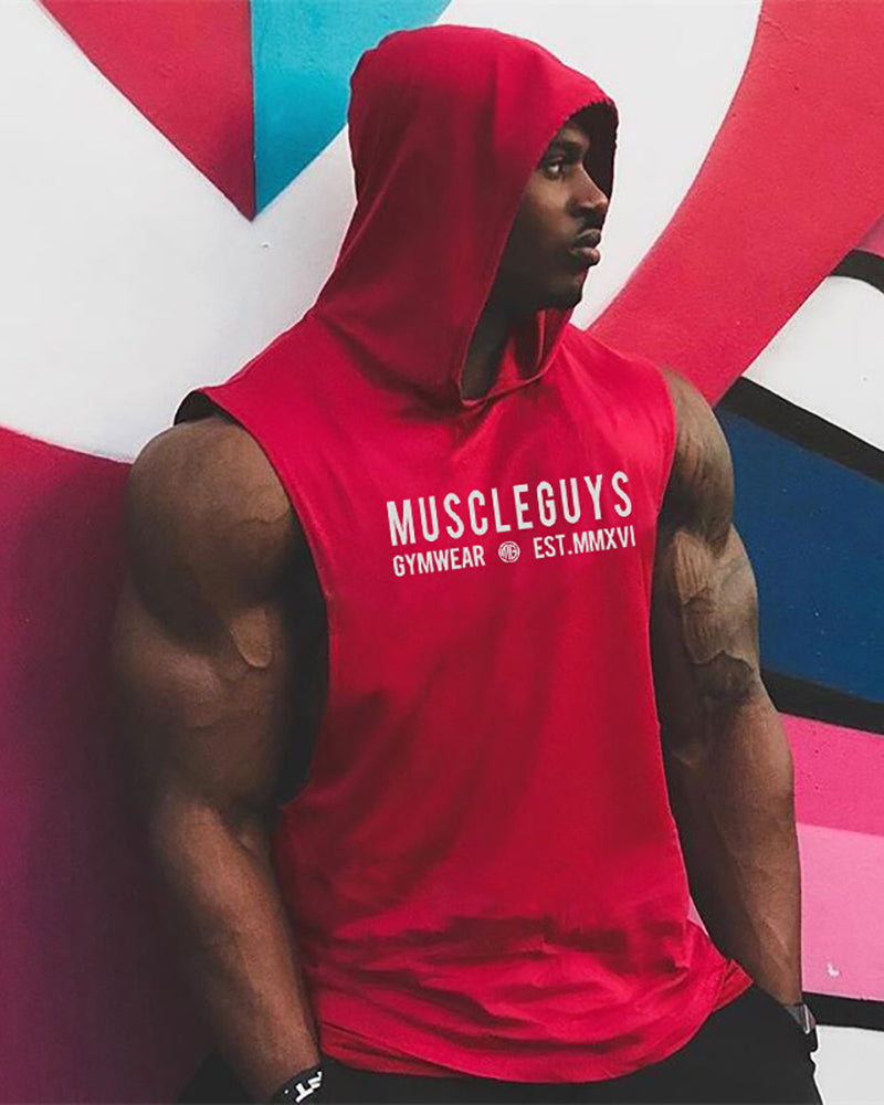 Muscular Men Bodybuilding Fitness Vest Sports Hooded Vest Letter Loose Hurdle Training Sleeveless Top M-2XL