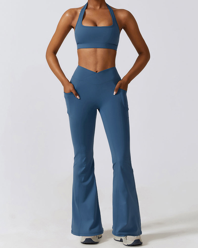 Women Halter Neck Square Collar Bra High Waist Flared Pants Yoga Two Piece Set S-XL