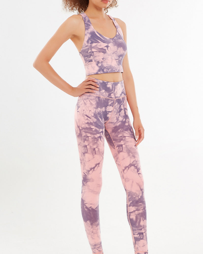 Women Sleeveless Printed V-neck Fitness Yoga Two-piece Suits Pink Blue Green Purple XS-XL Pants Sets