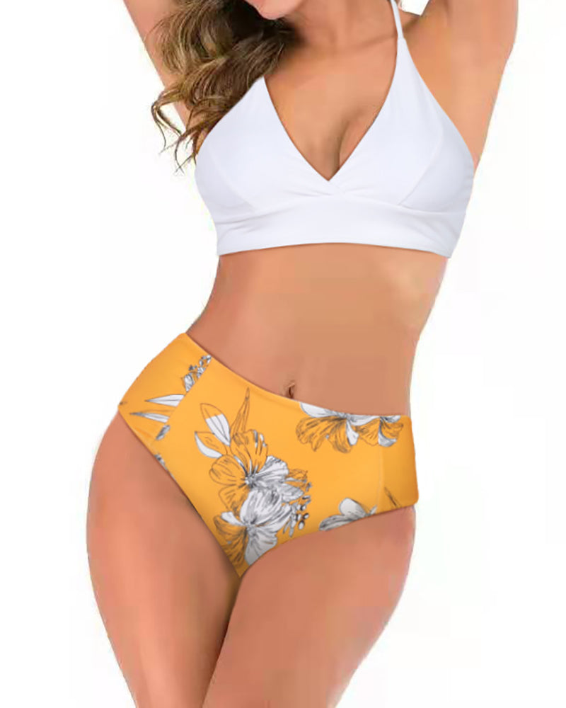 Lady Backless High Waist Two Piece Swimwear Blue Yellow Black S-XL