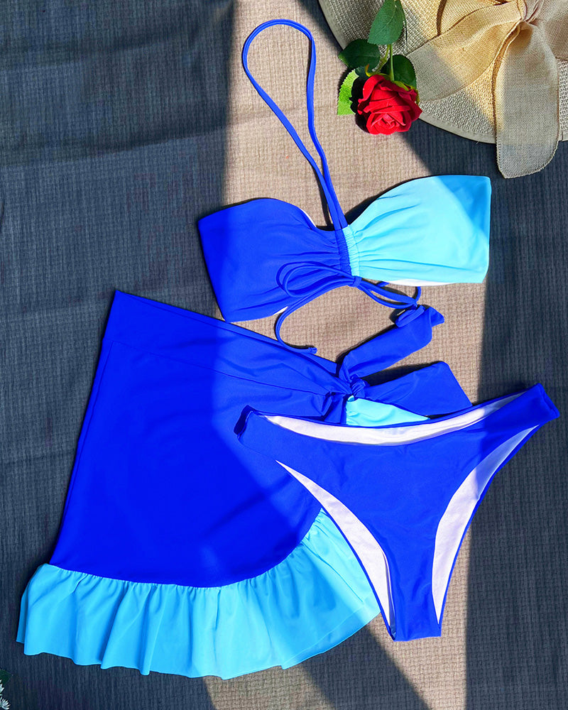 Sexy New Colorblack Halter Neck High Waist Ruffles Three-piece Swimsuit Rosy Blue Coffee S-L