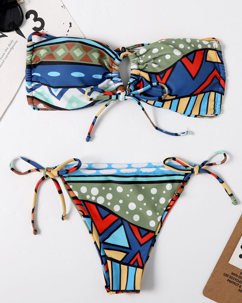 Sexy Women Pattern Print Tie Side String Two-piece Swimsuit Bikini Yellow Red Blue Green Light Yellow S-L YY10021