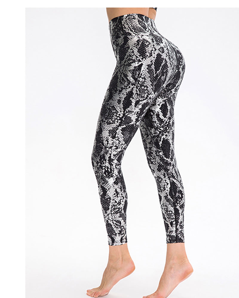 Snake Printed High Waist Sports Leggings Black White Blue Brown S-2XL