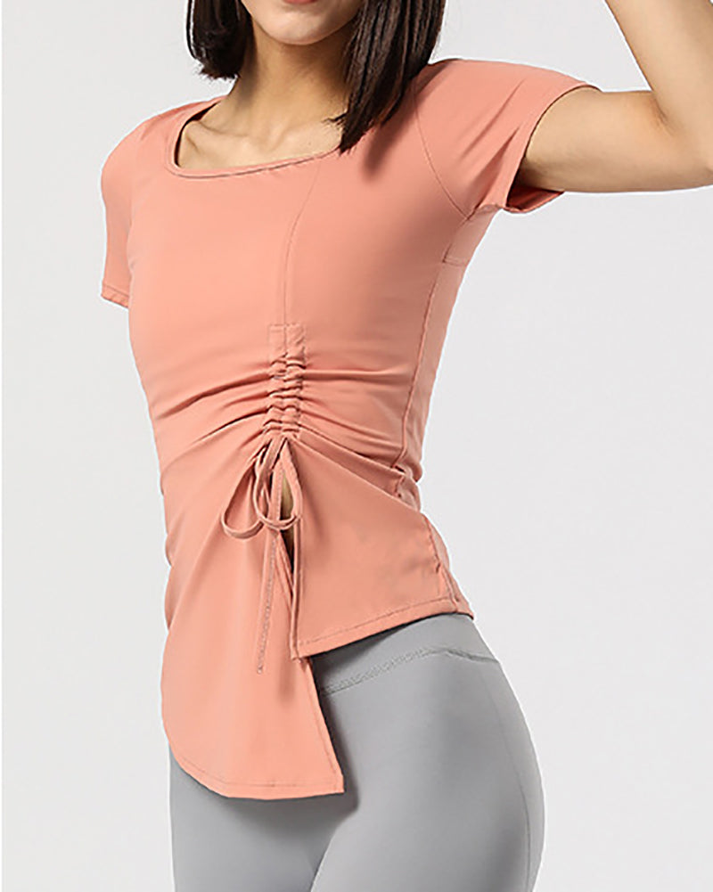 New Women Short Sleeve Square Neck Side Drawstring T-shirts Beige Gray Khaki Blue Orange S-XL