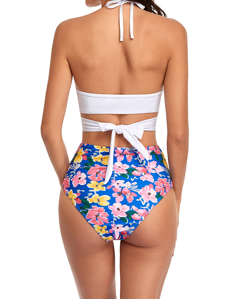 Sexy Floral Bikini Cross Bandage Split Swimsuit Tie Up High Waist Swimsuit YY10176