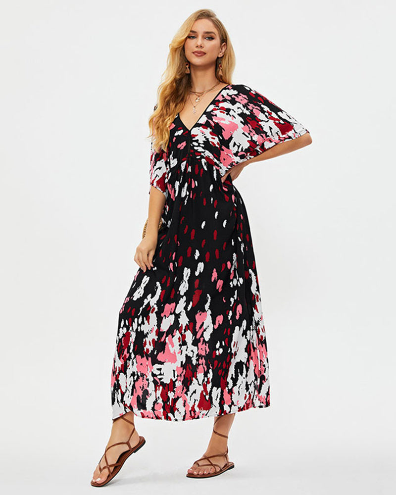 Florals Boho V Neck Elegant Beach Dresses Zebra Black Pink One Size