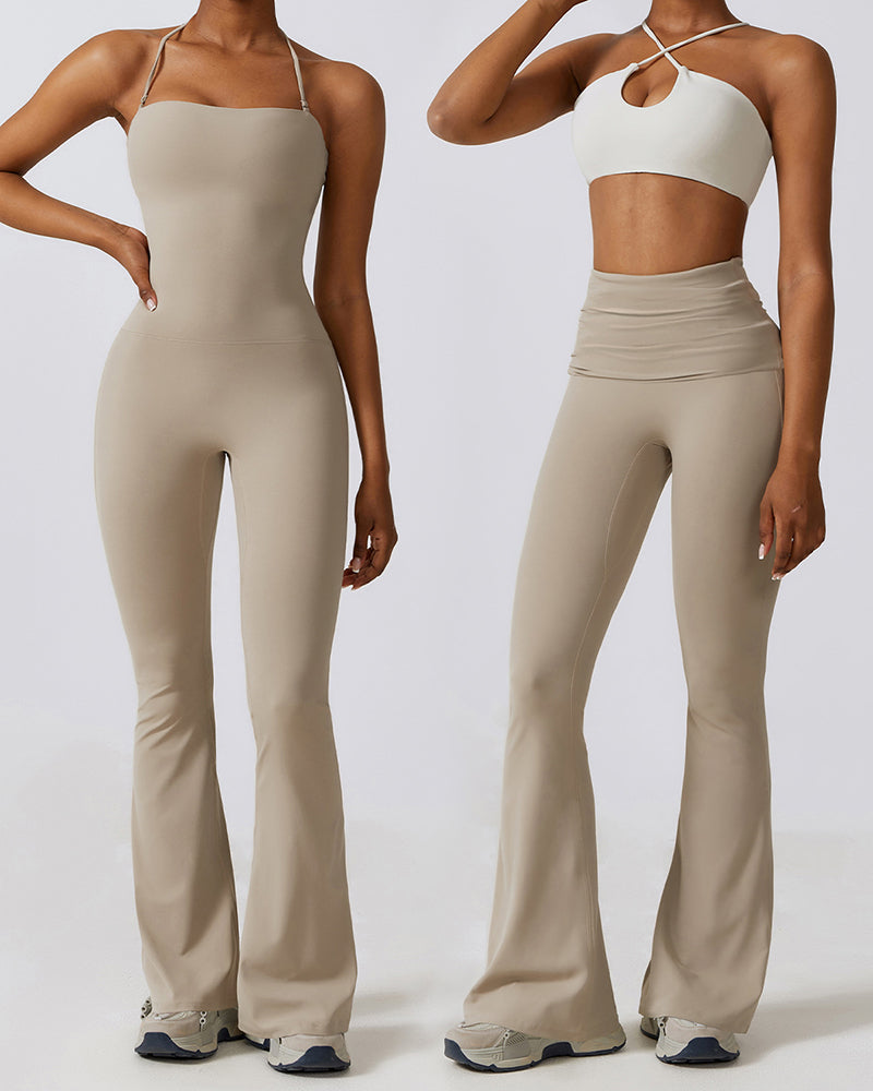 Removable Sling High Waist Slim Flared Leg Pants & Yoga Jumpsuit (No Pad) S-XL