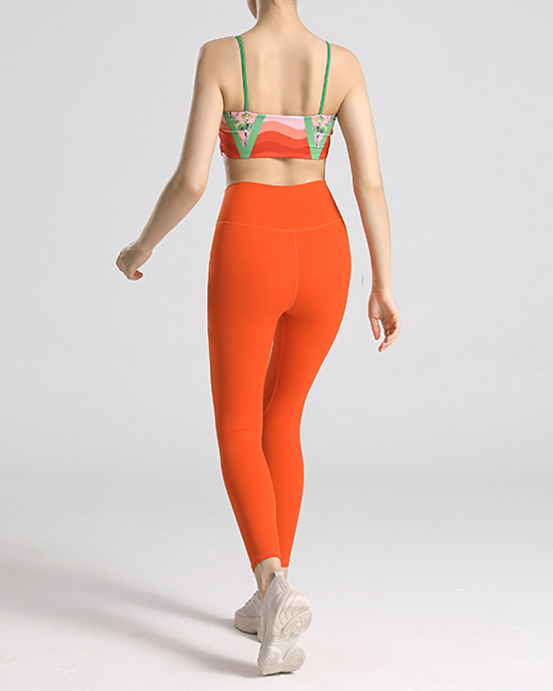 Women Printed Sports Wear Running Yoga Two-piece Sets Orange S-L Pants Sets