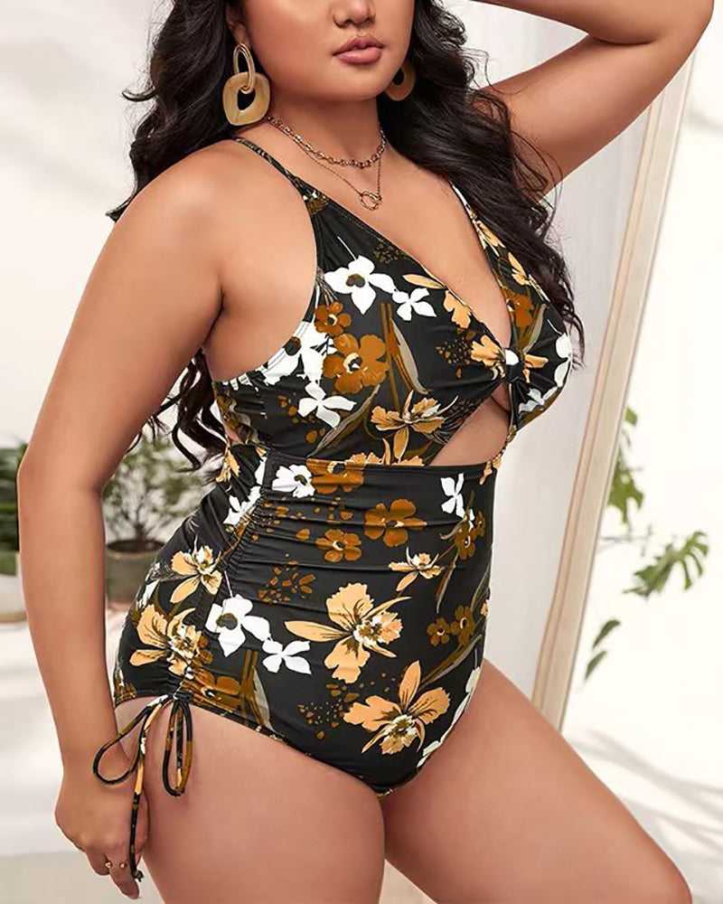 Women Florals Printing Hollow Out Backless High Waist Plus Size Swimsuit L-4XL