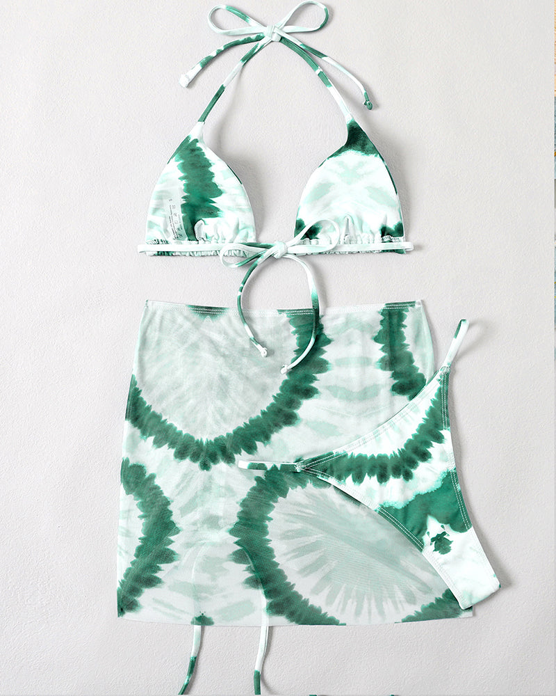 Women Mesh Sexy Strappy Printed Halter Neck 3 Piece Swimsuit With Skirt Green Khaki S-L