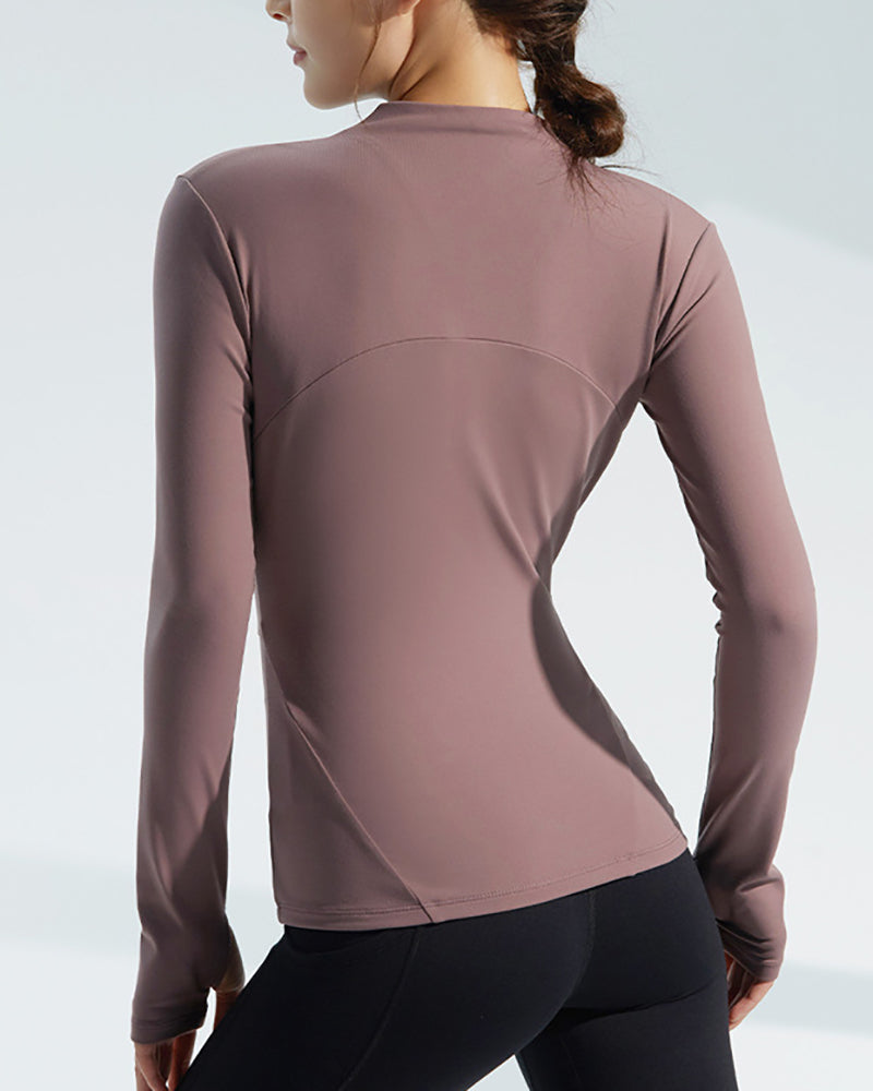 Autumn Slim Fit Collar Workout Sport Long Sleeve Women Zipper Nylon Fitness Jacket With Thumb Holes Quick drying Sport Yoga Tops Coat