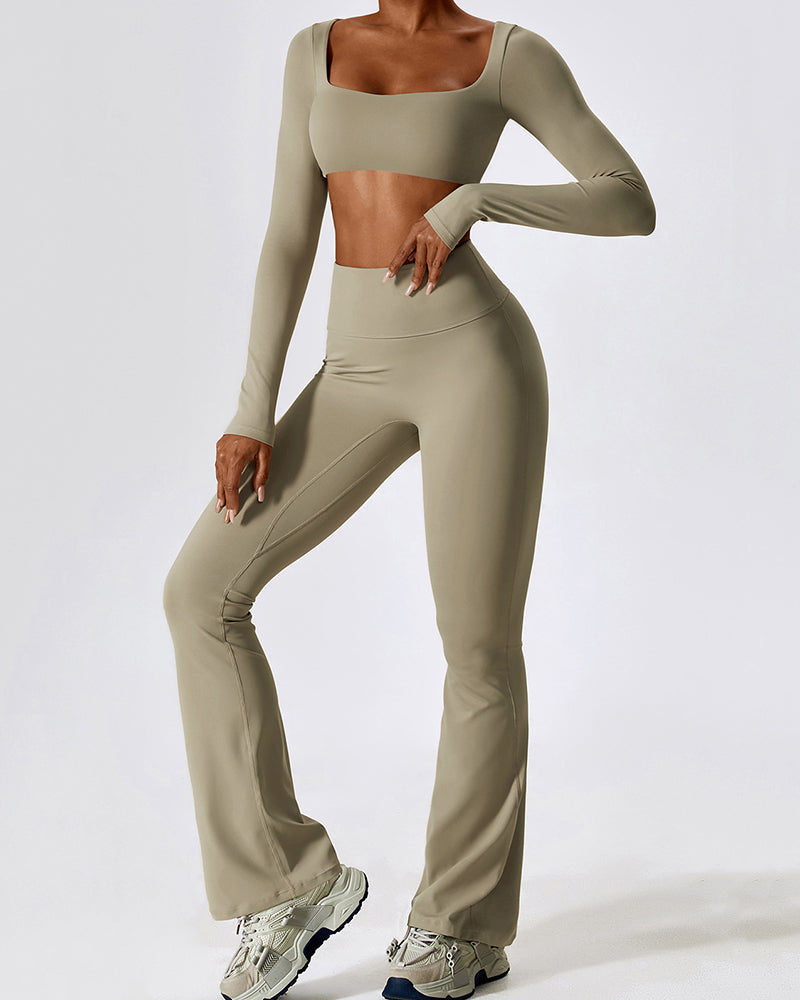 Autumn New  Women Yoga Long Sleeve Square Neck Top Wide Leg Pants Sets S-XL