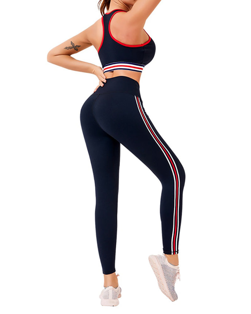 Stripe Yoga Workout Pants Set Women Gym Clothes Sportswear Leggings Suit for Fitness Sport Outfit Active Wear Black Green Nylon