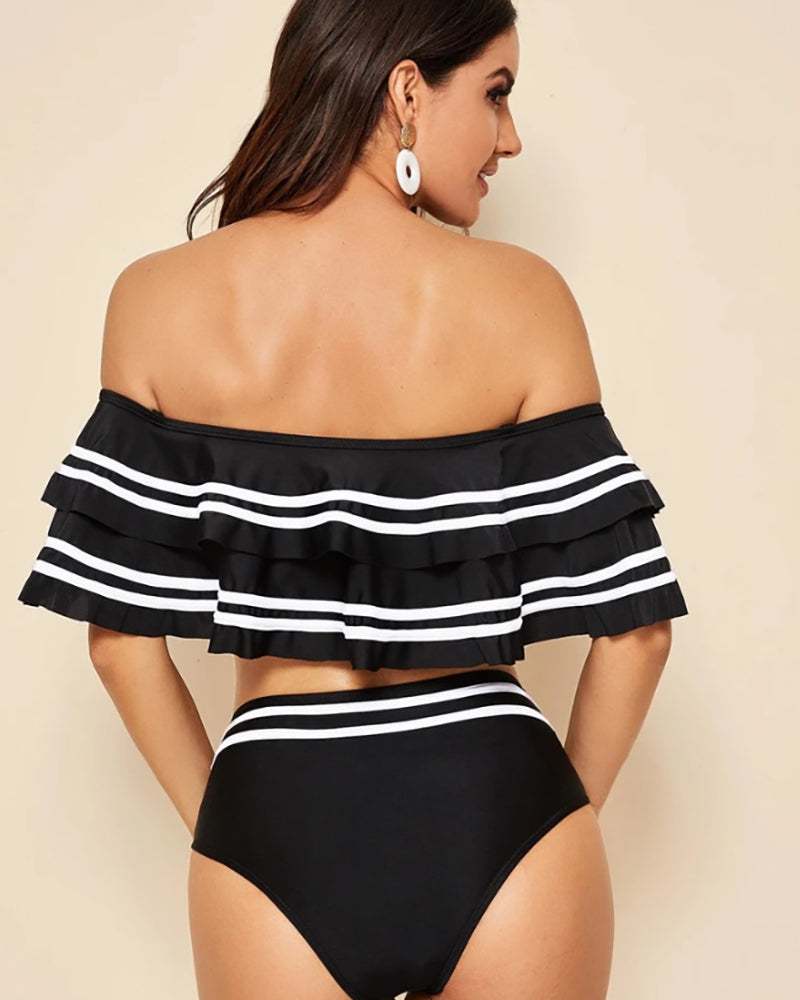 Plus Size Double-layer Lotus Leaf Shoulder Swimwear