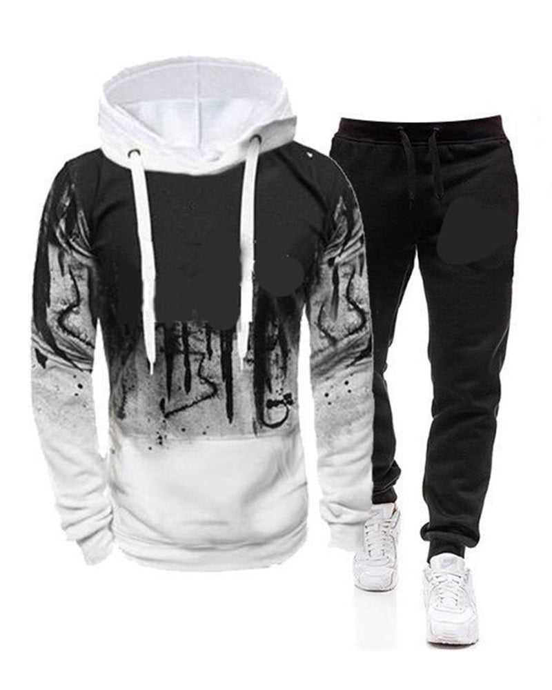 Men Long Sleeve Causal Sporty Street Style Hooded Two Piece Set White Red Gray Green S-3XL
