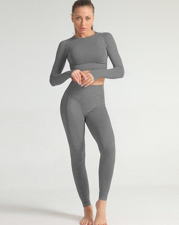 Women Vital Seamless Yoga Set Fitness Sportswear High Waist Gym Pants Leggings Push up Long sleeves Dot Jacquard Shirts Tracksuit OM9254