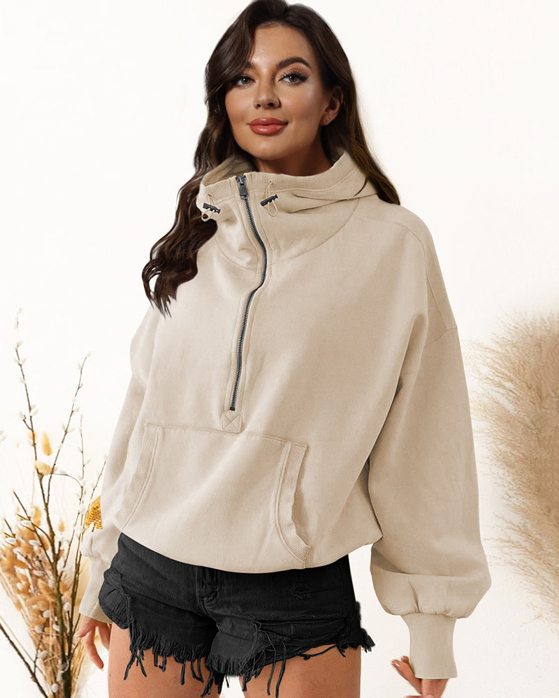 Popular Fashion Women Long Sleeve Pocket Front Half-zip Hooded Pullover Tops S-XL