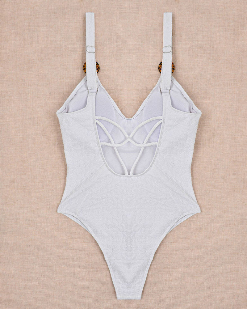 Solid Color V Neck Ring Shoulder High Waist Backless Swim Wear One-piece Swimsuit White Coffee S-XL