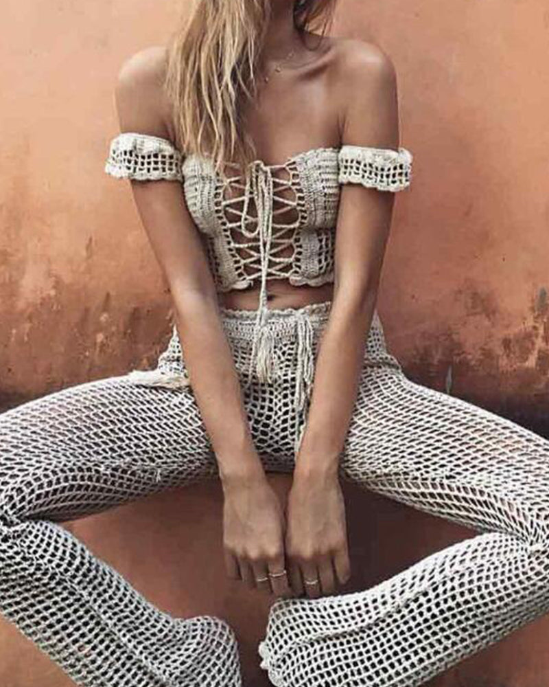 Beach Handmade Crochet Hollow Out Bandage Elastic Waist Shell Pants Sunscreen Fishing Net Trouser OM25994