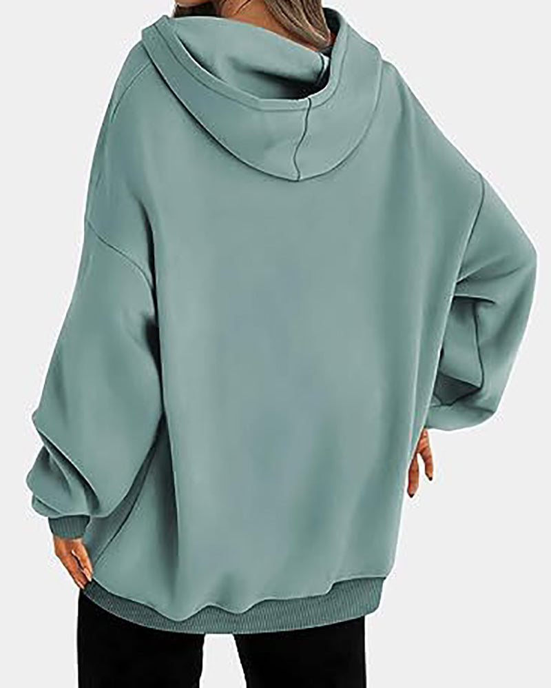 Women Long Sleeve Solid Color Hooded Loose Pullover Tops S-XL