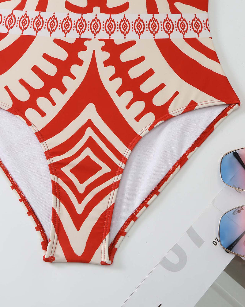 Sexy One Shoulder Fashion Printed Vocation Beach Pants Two-piece Swimsuit Red S-XL