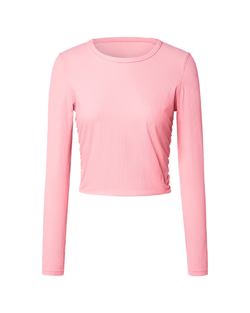 Long Sleeve Knit O Neck Ruched Waist Line Sports Top 4-12