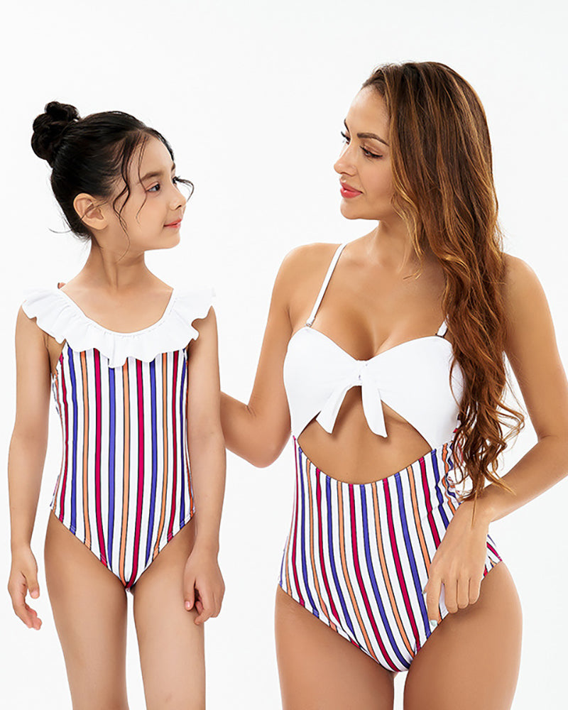 Fashion Stripe Printed Color Block Stitching Cute Bowknot One-Piece Backless Bikini Mother and Daughter Swimsuit Adult S-Adult XL Child 104-Child 164