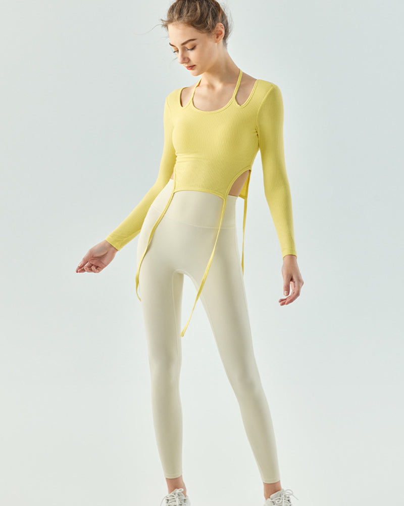 Women Long Sleeve Fixed Pad Sports Slim Yoga Tops Green Yellow Khaki White Black S-XL