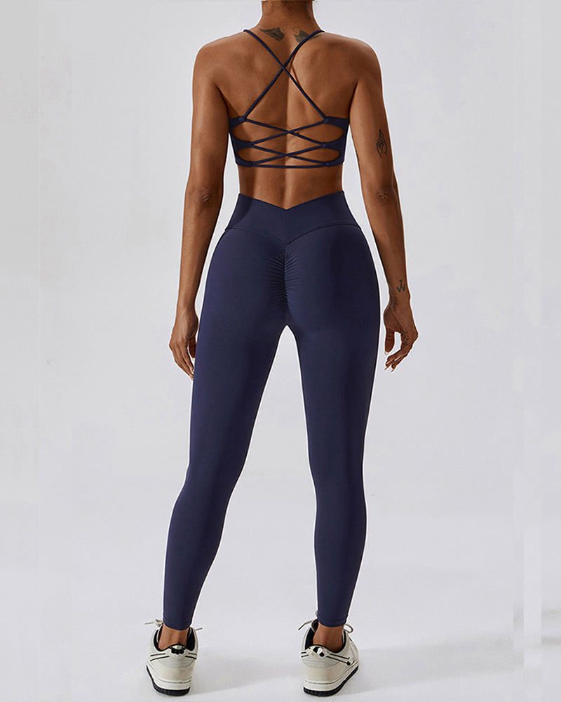 Women Sling Bra Strappy Back Running Pilates Slim High Waist Pants Sets Yoga Two-piece Suits S-XL