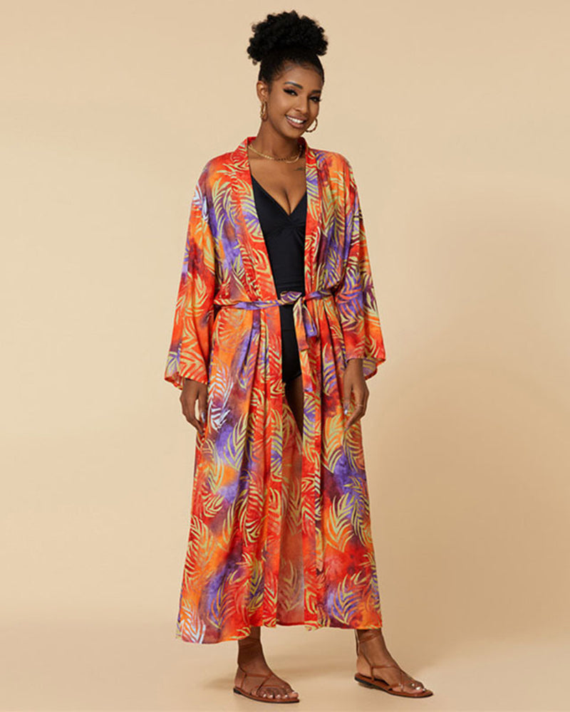 Fashion Printed Long Sleeve Vacation Loose Kimonos Beach Cover Ups One Size