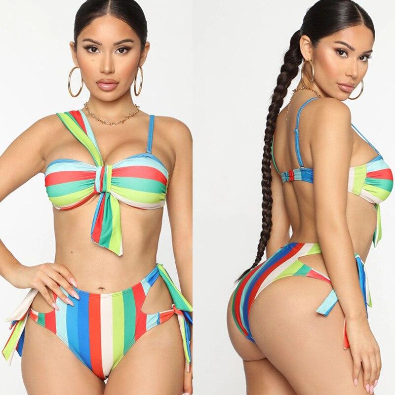 Swimsuit Women Beach Sexy Bikini Swimwear 2020 New Items Sex 2021 Stripe Print Lace Up High Waist Polyester Sierra Surfer Swim