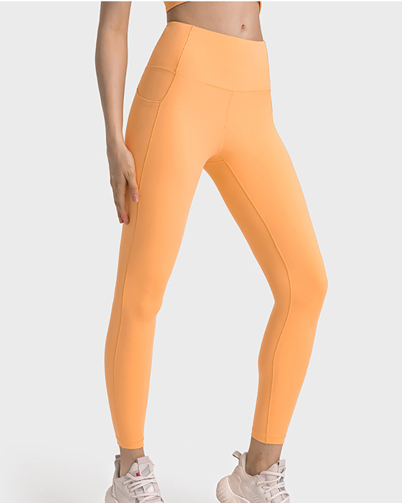 Women High Waist Hip Lift Side Pocket High Elastic Tight Pants Orange Green Black Blue 4-12