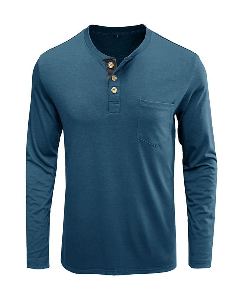 Mens Long Sleeve Button Neck Pocket Solid Color Basic Autumn T-shirt S-2XL