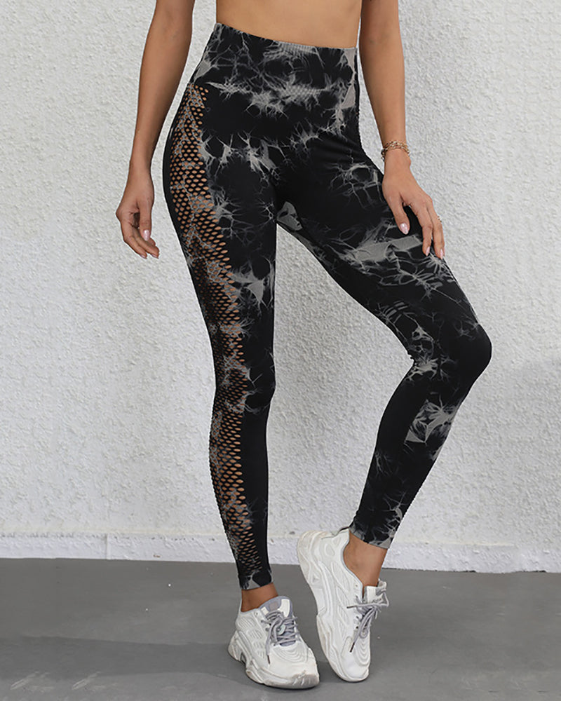 Women Seamless High Waist Tie Dye Side Hollow Out Mesh Leggings Pants Black S-L