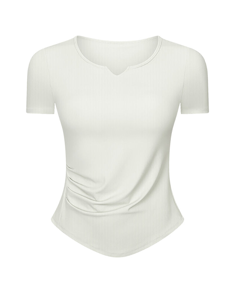 Women V-Neck Ruched Solid Color Short Sleeve Slim Yoga Tops 4-12