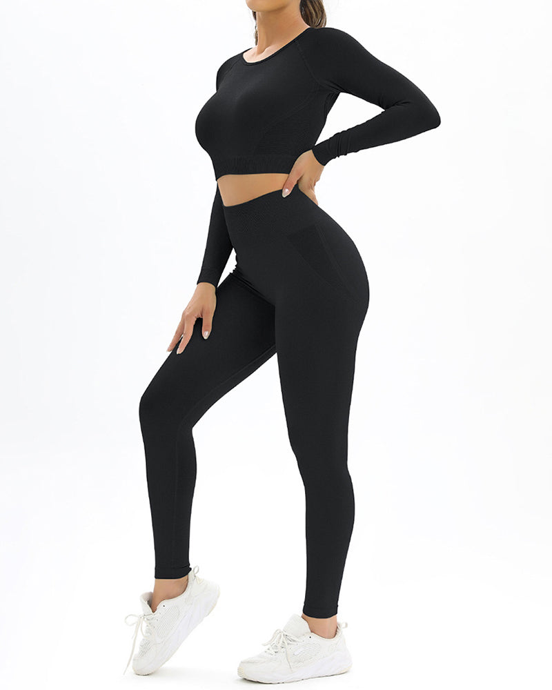 Long Sleeve Solid Color Backless Yoga Two-piece Set S-L Pants Sets